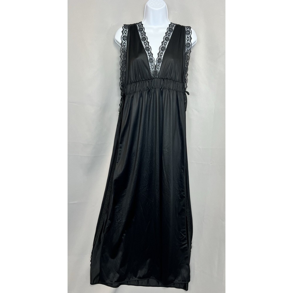 Vintage Sears‎ Vintage Sz M (12-14) Black Sexy Maxi Nightgown Lace Trim Y2K USA